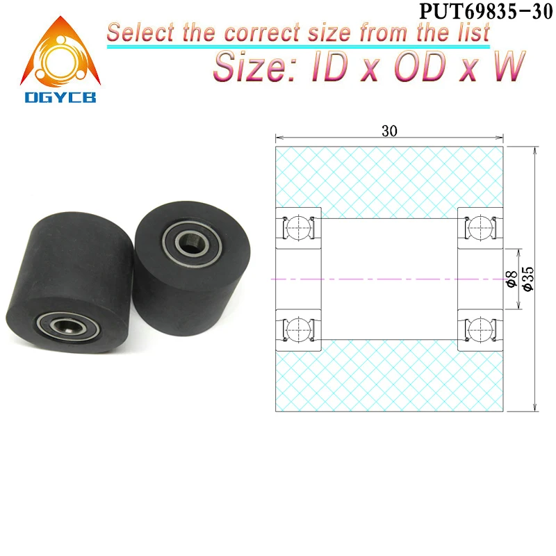 

1pcs Diameter 35 mm Bore 8 mm Polyurethane Roller With Two Bearing Mute Flat Guide Wheel 8x35x30 mm PUT69835-30 PU Rubber Pulley
