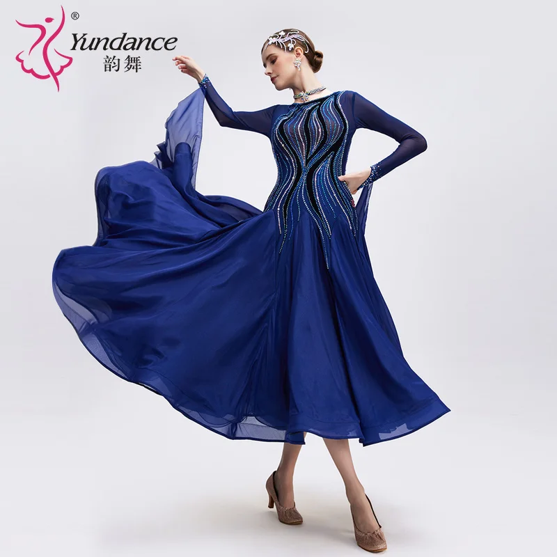 B-24143-2 Nieuwe kleur Hot Sale Internationale standaard ballroomdansjurk Hoge kwaliteit marineblauwe chiffon lange stijldansjurk
