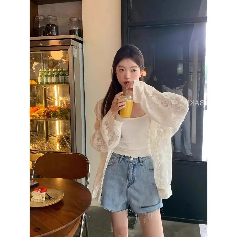 

Blouse Women Spring Fall Loose-fit Lightweight Long-sleeved Cardigan Lace Hooded Jacket New Comfortable Minimalist Casual Niche