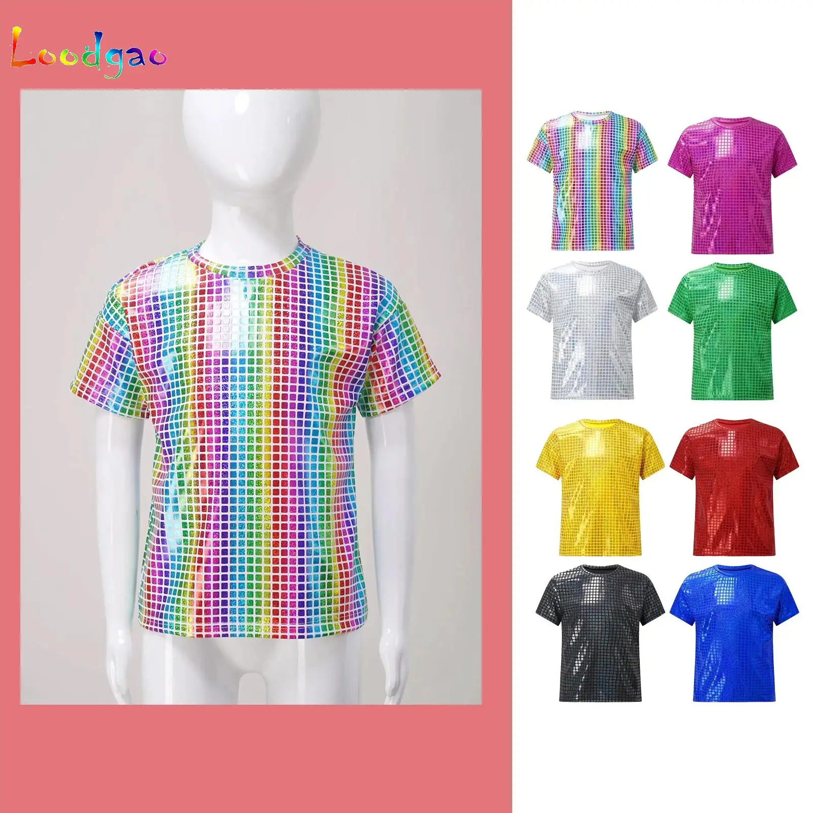 Children T-shirts Short Sleeve T-shirt Shiny Sequins Plaid Tops Streetwear Girls Boy Jazz Dance Costume Kids Performance Clothes