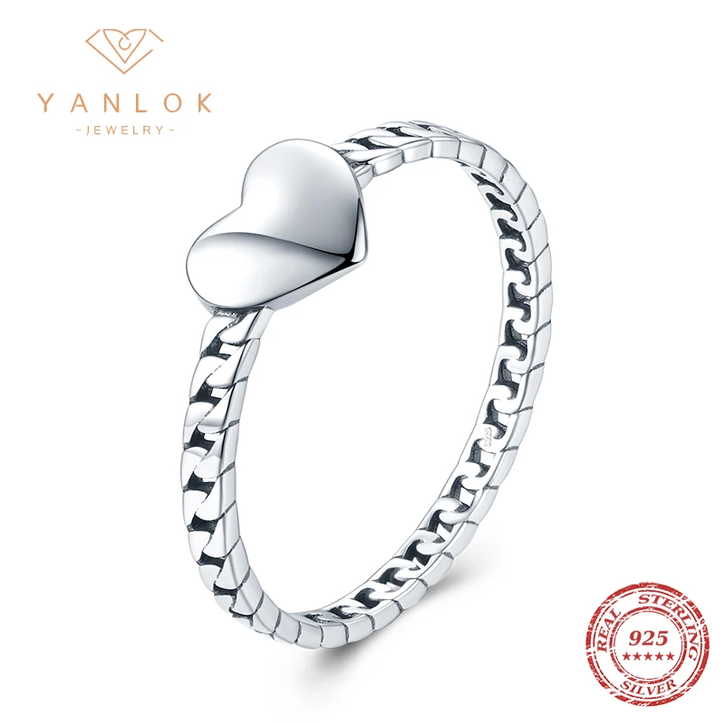 YANLOK Brand 100% 925 Sterling Silver Sweet Love Heart Rings for Women Female European Style Punk Width Chain Rings Jewelry