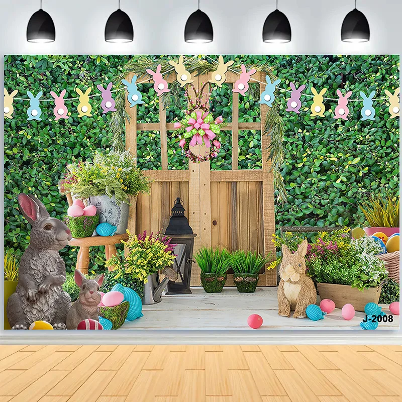 Green Spring Easter Day Photography Backdrops Props Hare Rabbits Colorful Eggs Wood Photo Studio Background VV-95
