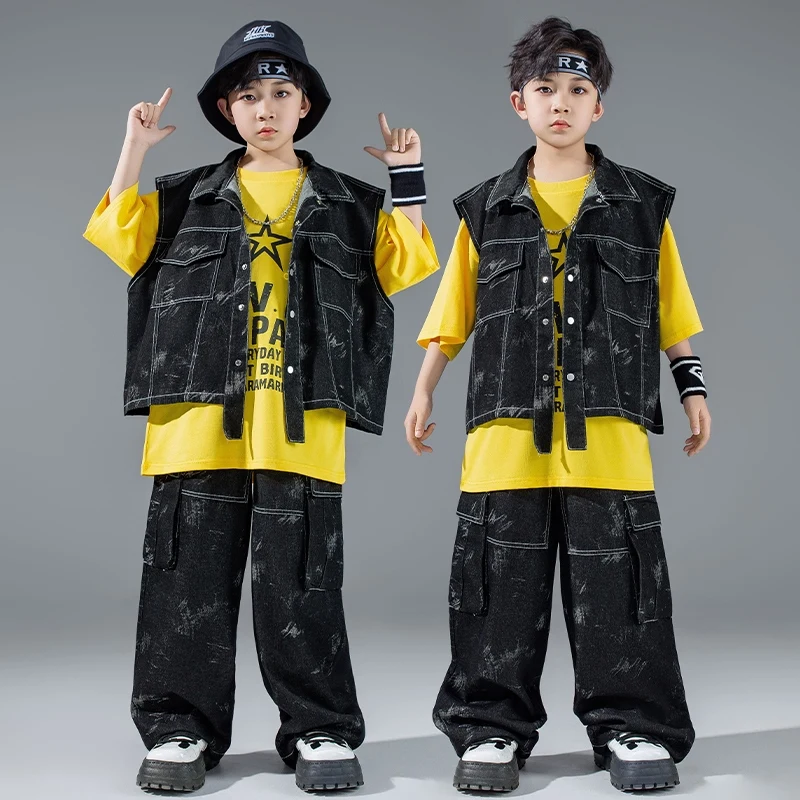 

2025 Hip Hop Dance Clothing For Boys Loose Black Vest Hiphop Pants Streetwear Girls Group Jazz Dance Performance Wear DQS19836