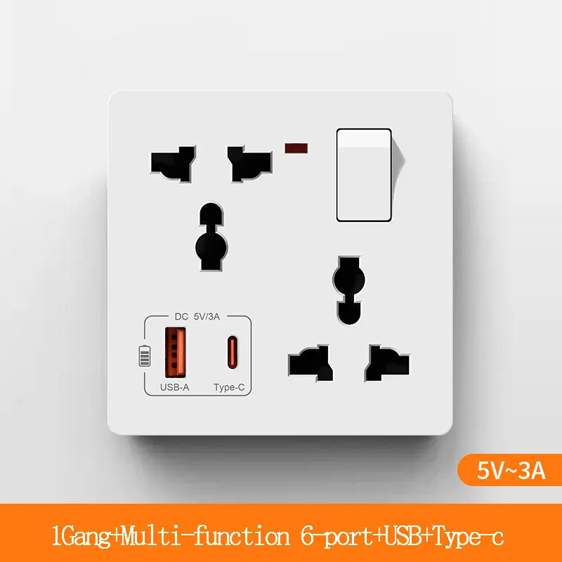 Multifunctional 1Gang 6 six-Hole Socket With USB+Type-c Charging 86-Type Concealed Universal Three Pin Plug With Switch Control
