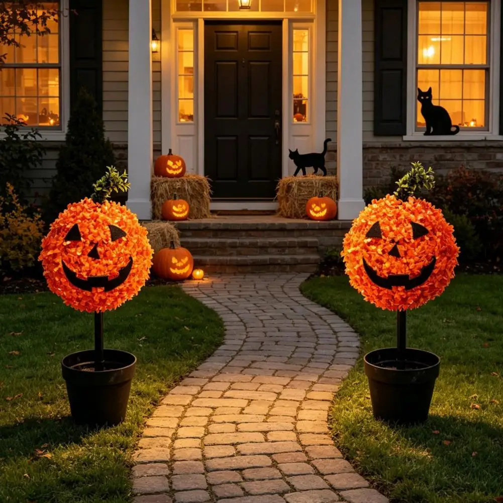 Seasonal Front Porch Decor Artificial Pumpkin Topiary Tree with Halloween Pumpkin Face Faux Boxwood Plants Stake Fall