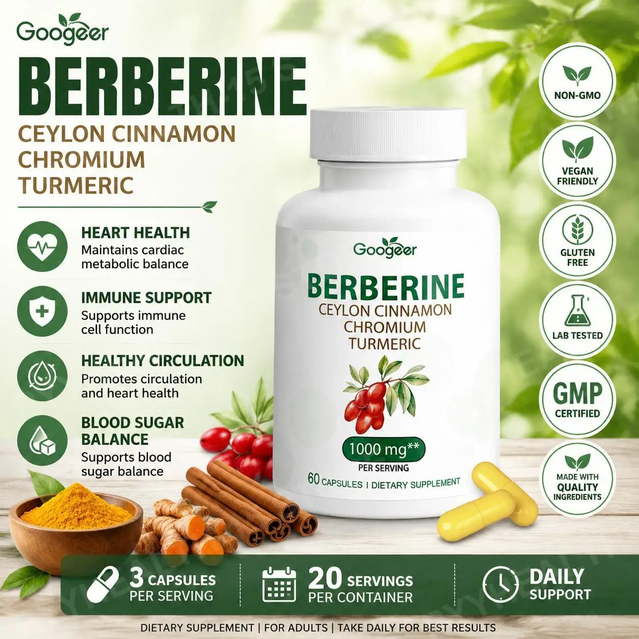 

Googeer Berberine Hydrochloride Chromium Capsules with Ceylon Cinnamon & Turmeric, Daily Wellness Supplement, 60 Capsules