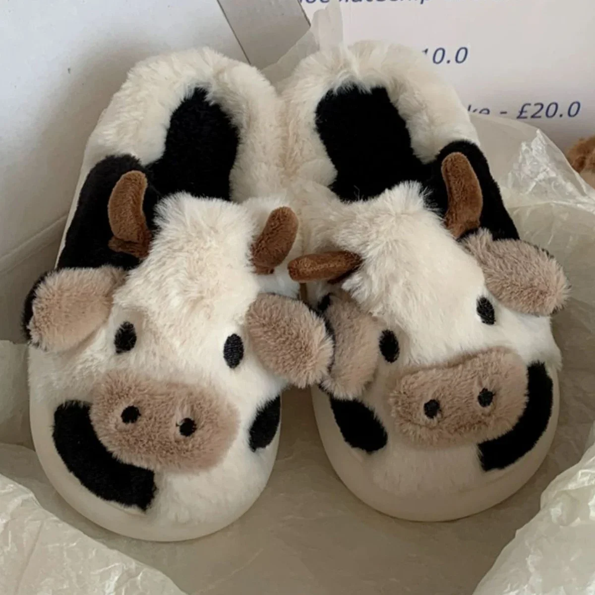 

2024 Cute Cow Winter New Slipper Soft Heel Platform Fur Warm Indoor Comfortable Home Fluffy Home Slippers