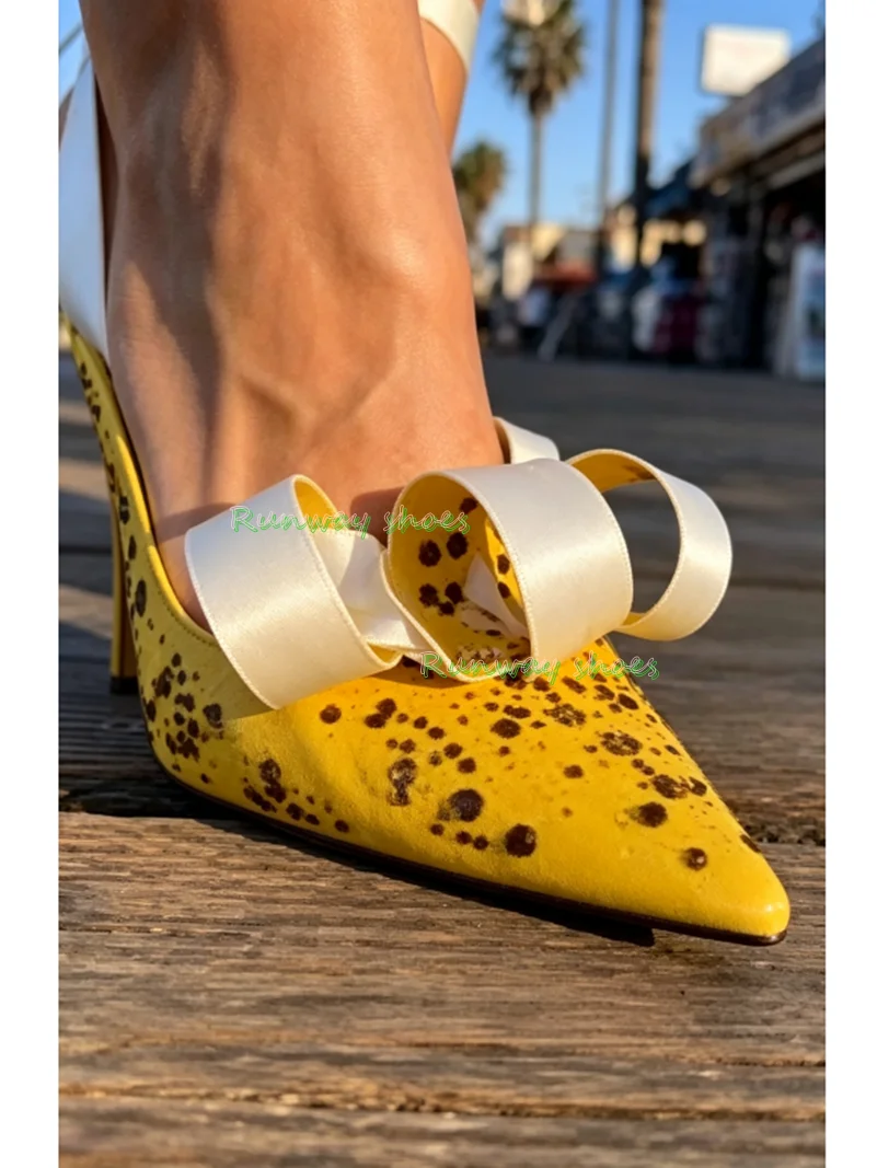 French Bright Yellow Pointed Stiletto Heels Banana Form Women's Shoes Silk Fabric Ankle Wrap Straps Banquet Women's Shoes 2026