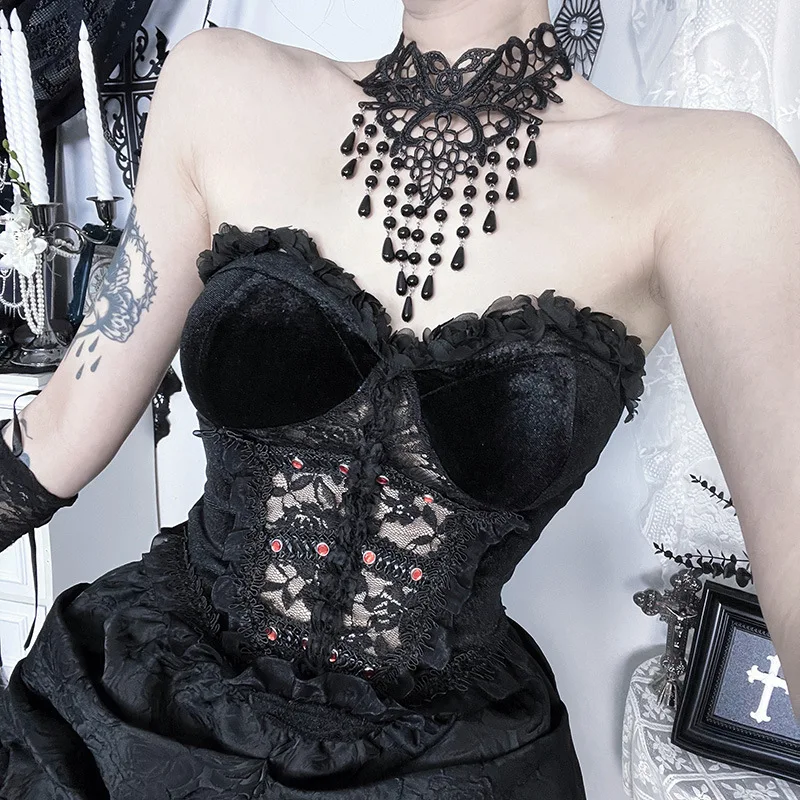 

Dark Lace Hollow-out Bra 2025 New Gothic Style Slim-Fit Hot Girl Tube Top
