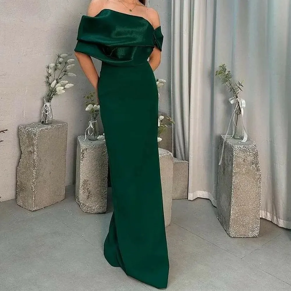 Evening Dress Straight Off the Shoulder Short Sleeves Floor Length Sweep Train Solid Color Elegant Dresses For Formal Occasions