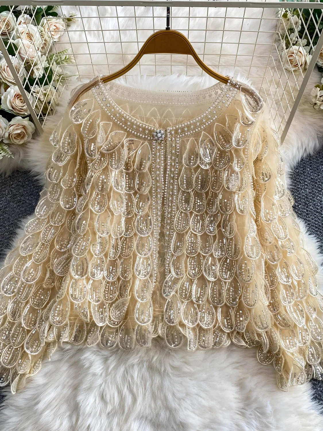 Elegant Lace Outerwear Women Summer Luxury Bead Embellished Loose Fit Long Sleeve round Neck Thin Shirt Age-Defying Party Wear