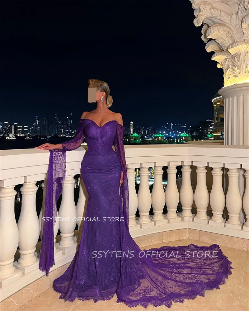 Vintage Purple Long Lace Prom Dresses Flare Long Sleeves Dubai Saudi Customized Evening Gowns Formal Party Dress Robe De Soir