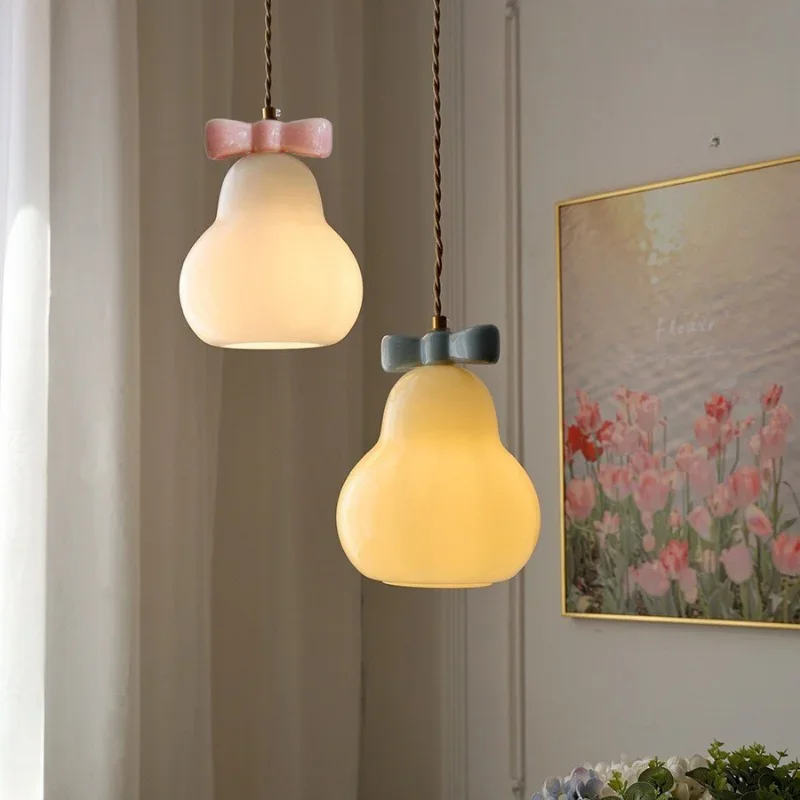 French Cream Bowknot Hanging Lamp Art Deco Bedside Dining Room Children's Chandelier Lovely Snow Pear Colored Glass Pendant Lamp