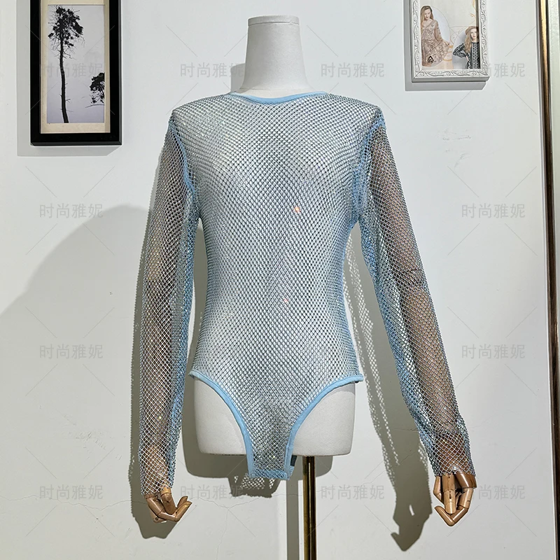 

Fashionable Sexy Performance Clothes Mesh Hollow Jumpsuit Round Neck Perspective Long Sleeve Sparkling Bottoming Shirt for Women