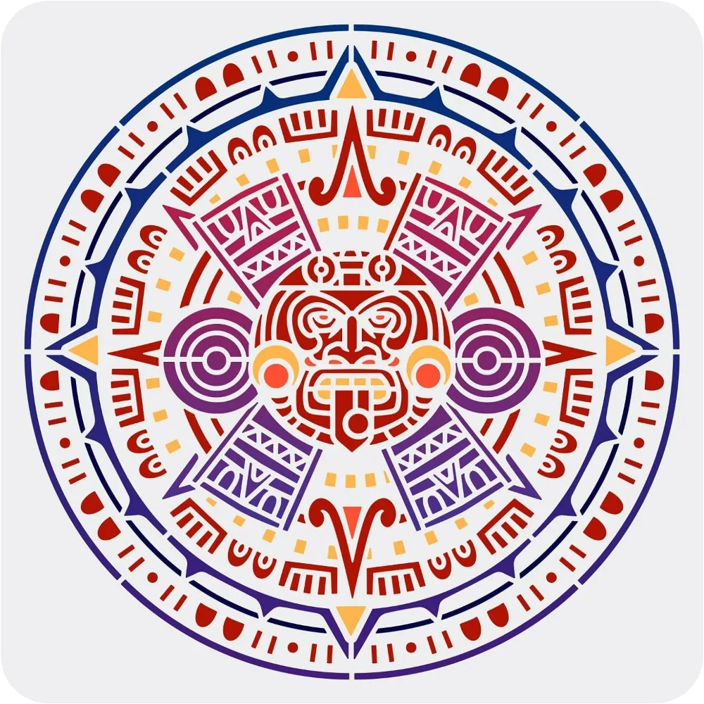 Aztec Calendar Stencil 11.8x11.8 inch Mayan Emblem Painting Plastic Aztec Pattern Stencil Reusable Mayan