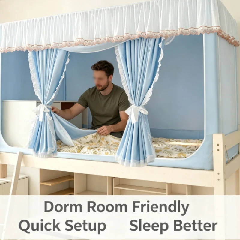 Bed Canopy Curtain With Lace Trim And Dustproof Top For Dormitory Loft Bed Privacy Shelter Home Furniture Utility Equipment Gear