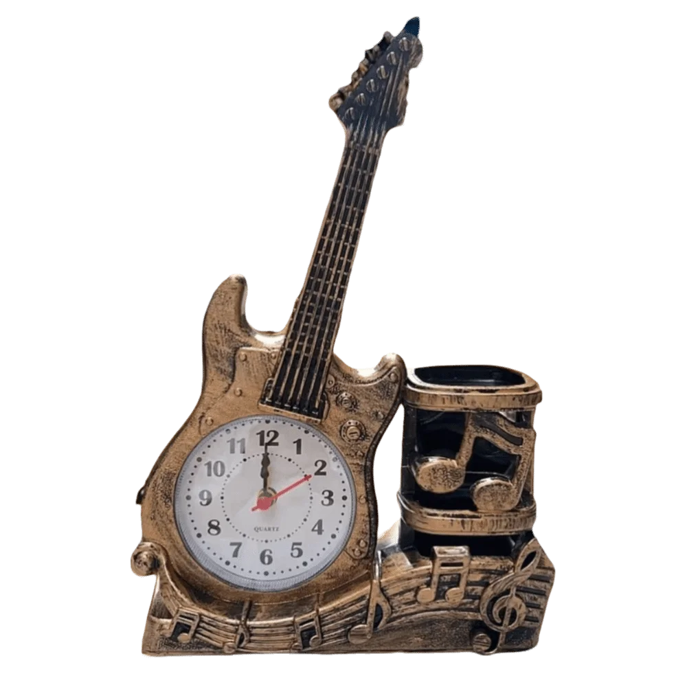 

Battery Powered Guitar Alarm Clock Stylish Violin Creative Design Pen Holder Clock Chic Creative Built-in Pen Organizer
