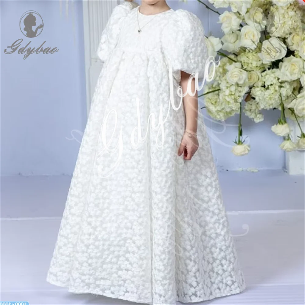 

High Waist Flower Girl Dresses Balloon Sleeve Hollow Out Lace for Wedding Princess Toddler Pretty Pageant Official Events Gown