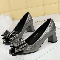 BIGTREE Fashion Bow Splice Square Head Women Pumps Kitten Thick Heel Elegant Party Spring Ladies Shoes Zapatos De Mujer