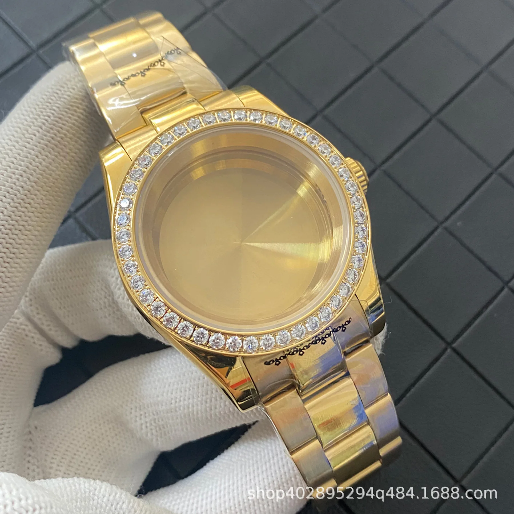 39mm Gold Stone Inlaid Stainless Steel Watch Case With Bracelet For Oyster Perpetual Style Fit NH35 NH36 Movement Watch Mod Part