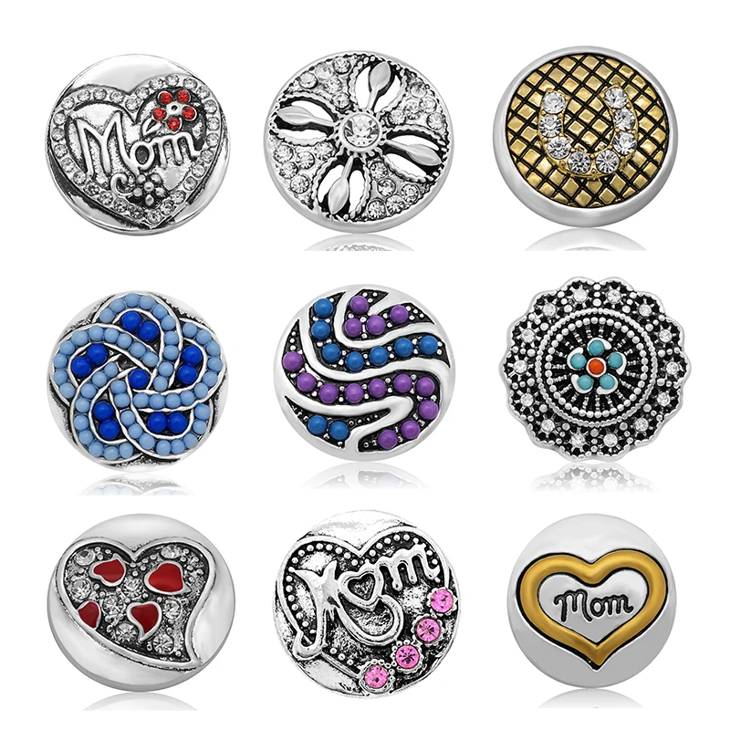 New Round Love Mom heart Flowers US flag Blue eye Rose Flowers 18MM snap buttons fit DIY snap bracelet jewelry wholesale