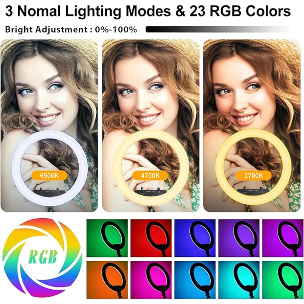 Anillo de luz RGB regulable para Selfie, lámpara de 18 pulgadas con trípode, Clip para teléfono, para maquillaje en vivo, estudio de fotografía de Youtube