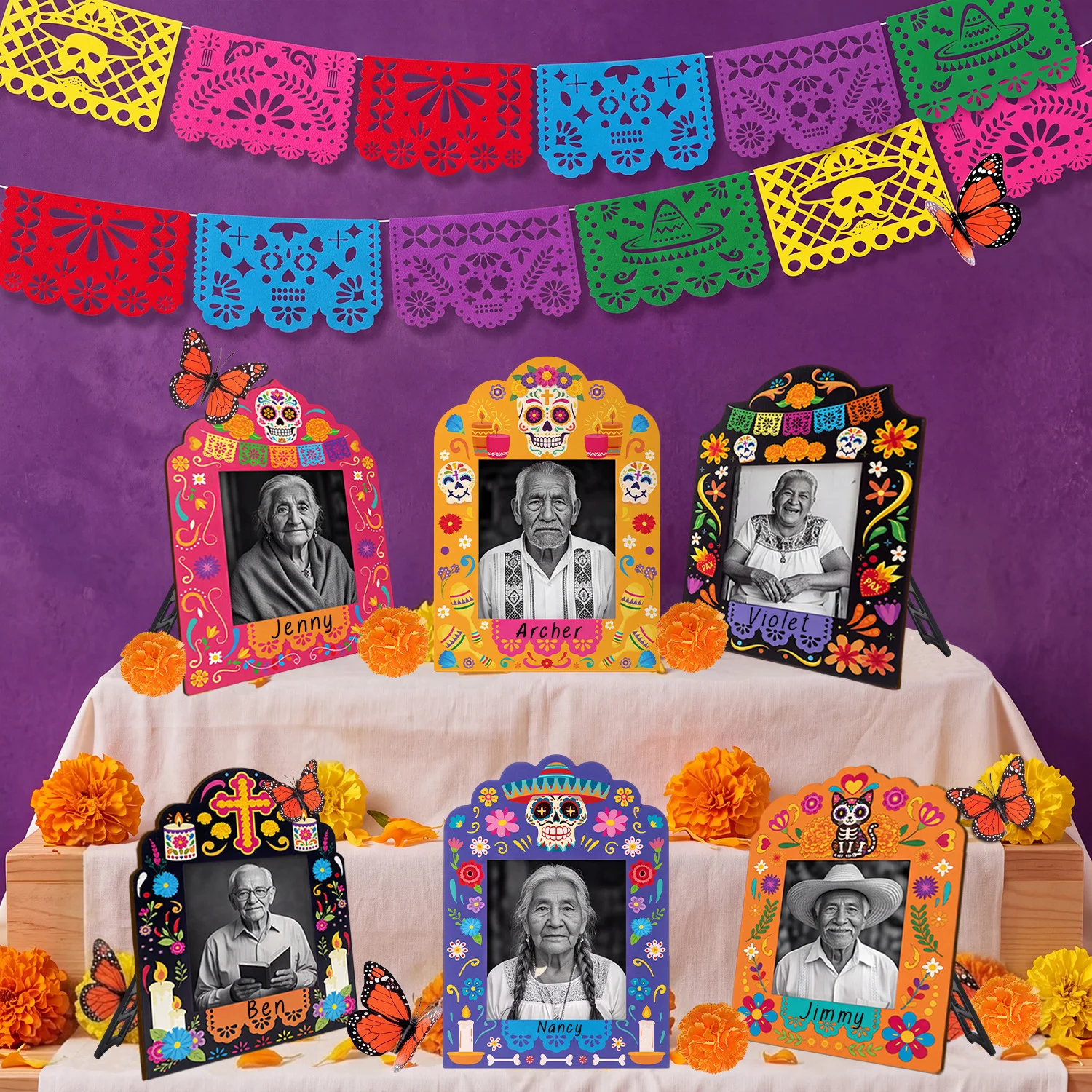 Day of the Dead Sugar Skull Wooden Frame – Daisy Altar Decoration with Butterfly Wooden Craft