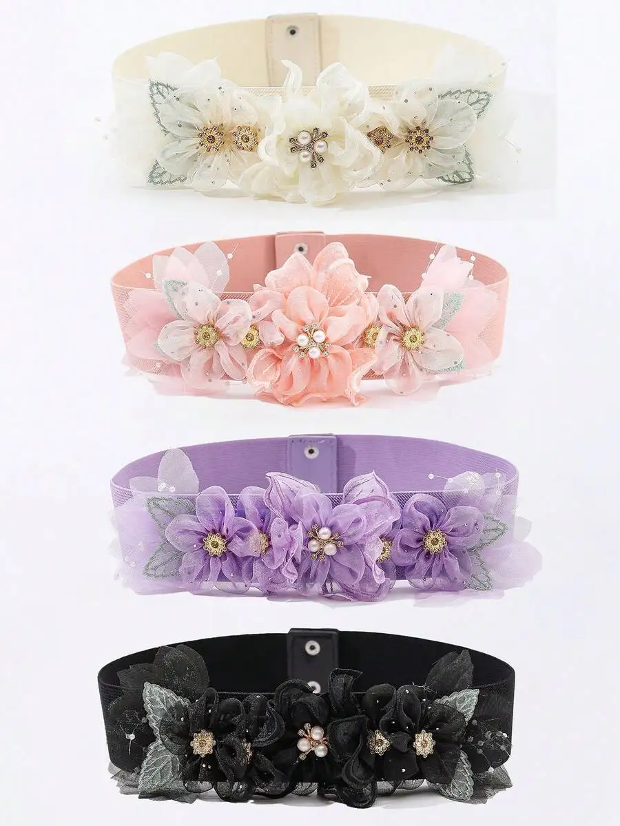 1pc Women's Sweet Floral Multi-Color Lace Pearl Faux Flower Elastic Waist Belt, Vacation Style