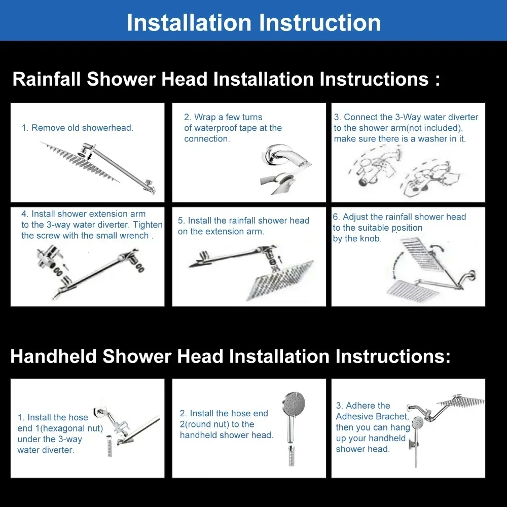 bathroom shower combination square top spray+hand showe with extension rod/hose/wall seat/waterproof tape/gasket/water separator