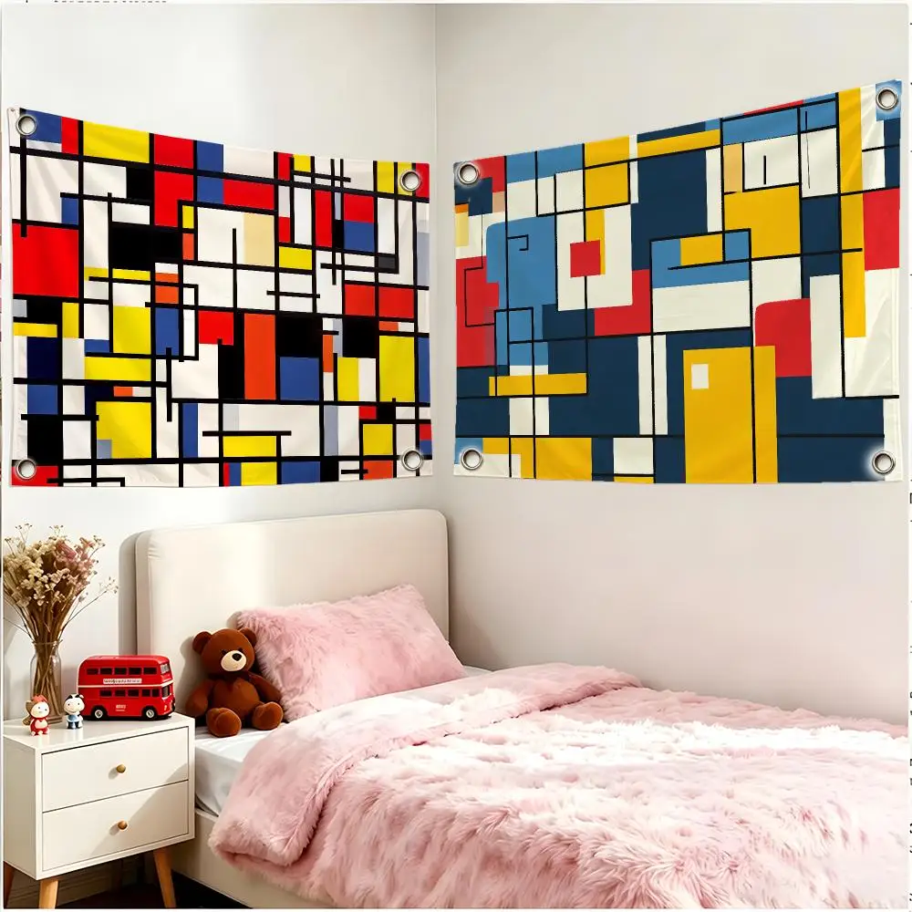 Bold Geometric Mondrian Print Flags Borderless Four Ring Ornament Indoor Outdoor Decoration Quick Hang Install