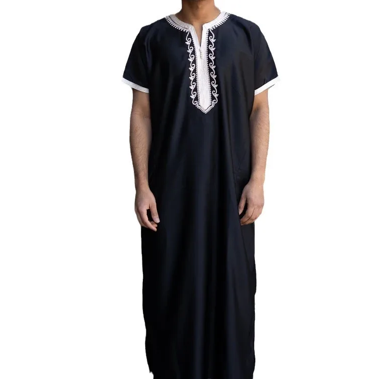 2024 Summer Muslim Men Short Sleeve Abaya Embroidery Loose Breathable Casual Robe Islamic Abaya Kaftan Muslim Fashion