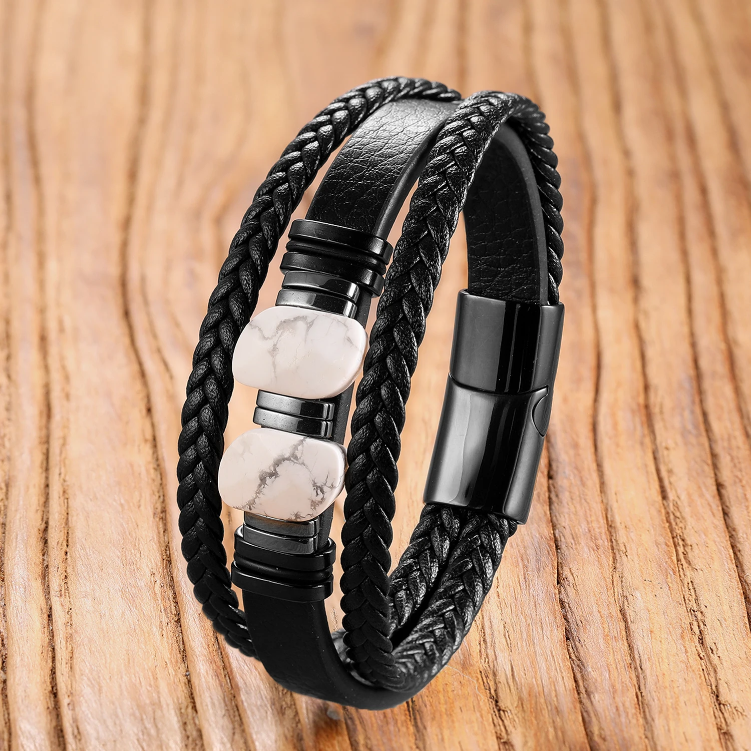 Fashion Men's Leather Bracelet Black Onyx Stone Personalized Stainless Steel Bracelet Boyfriend Gift Birthday