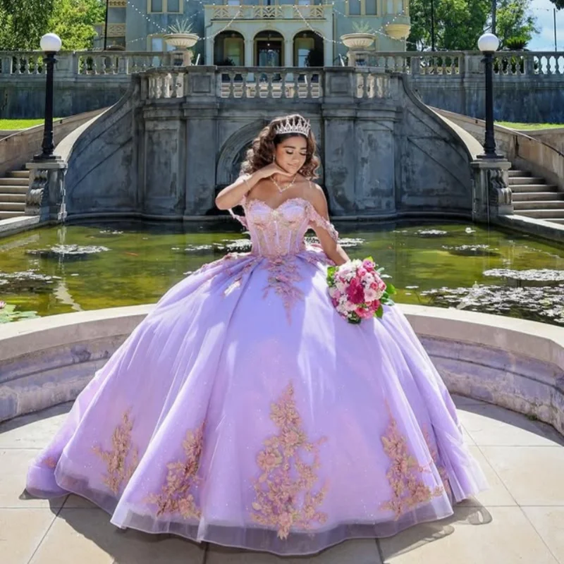 

Shiny Purple Quinceanera Dress Lace crystal 3D flower decal Big Bow Long tail girl vestidos de 15 Quinceanera ﻿Customized