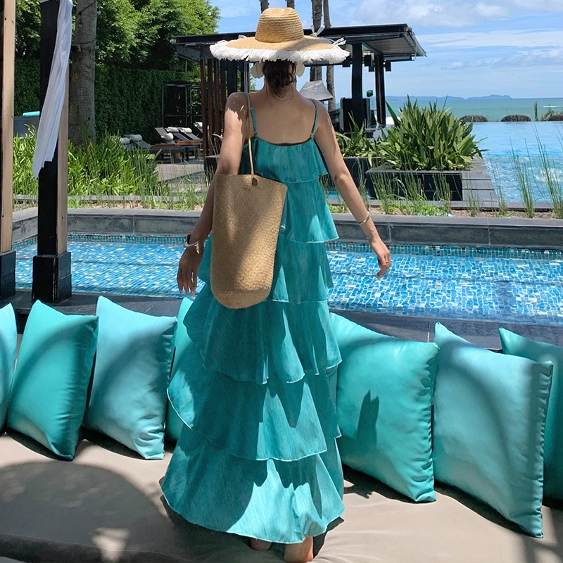 Womne sexy elegante praia festa estilo vestido verão novo solto suspender em camadas plissado borda cintura alta magro a linha vestido para mulher