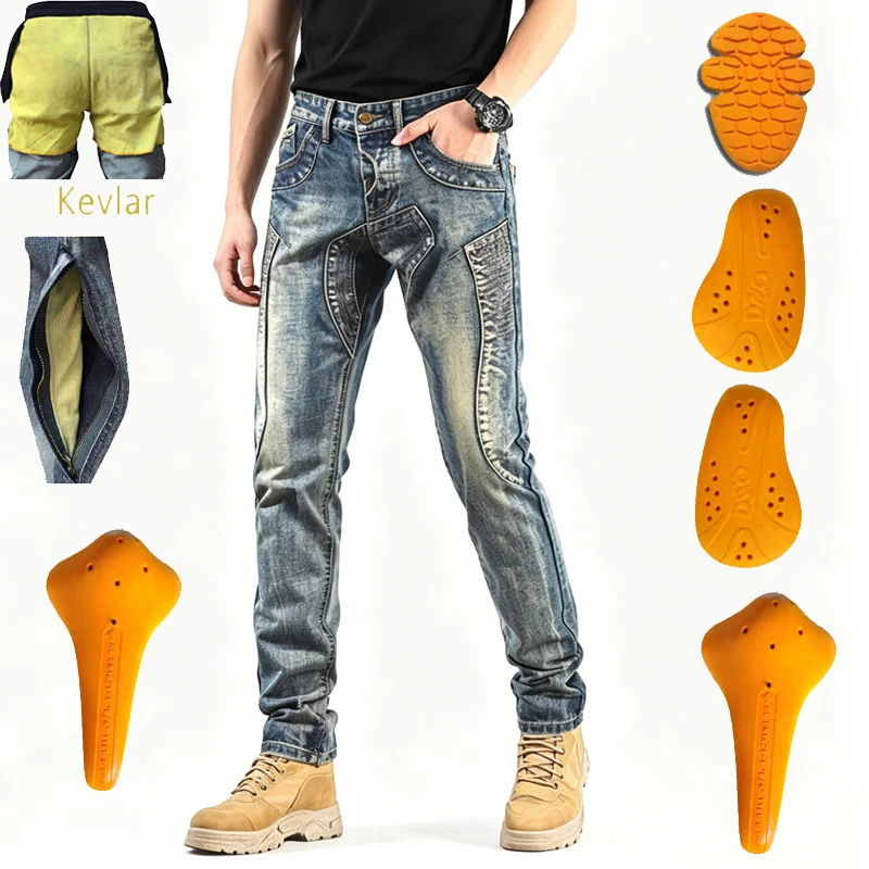 

WOLFRIDER Kevlar Motorcycle Jeans Men Aramid Fiber Anti Crash Protection Riding Pants Off Road Safety Retro Style Korea Japan