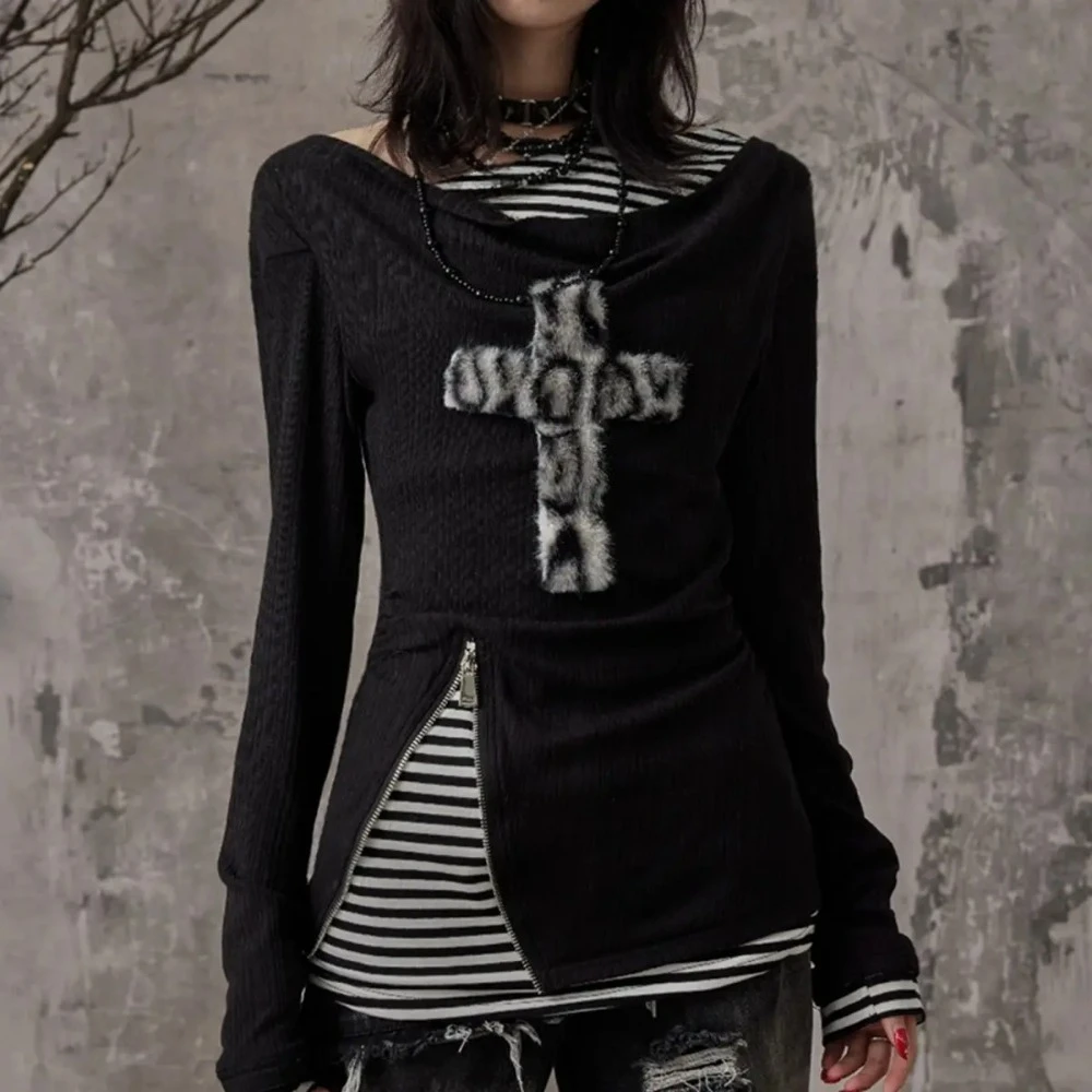 Leopard Print Women's T-shirts Fake Two Ropa mujer Stripe Long-Sleeve Clothes Y2K Street Hot Girl Tops Gothic Roupas Feminina