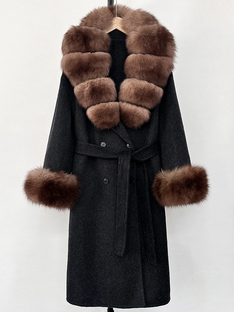 New Women Fashion Warm 100% Wool Real Fox Fur Jacket Overcoat Wholesale New Autumn Winter Clothes Long Natural Woolen Coat