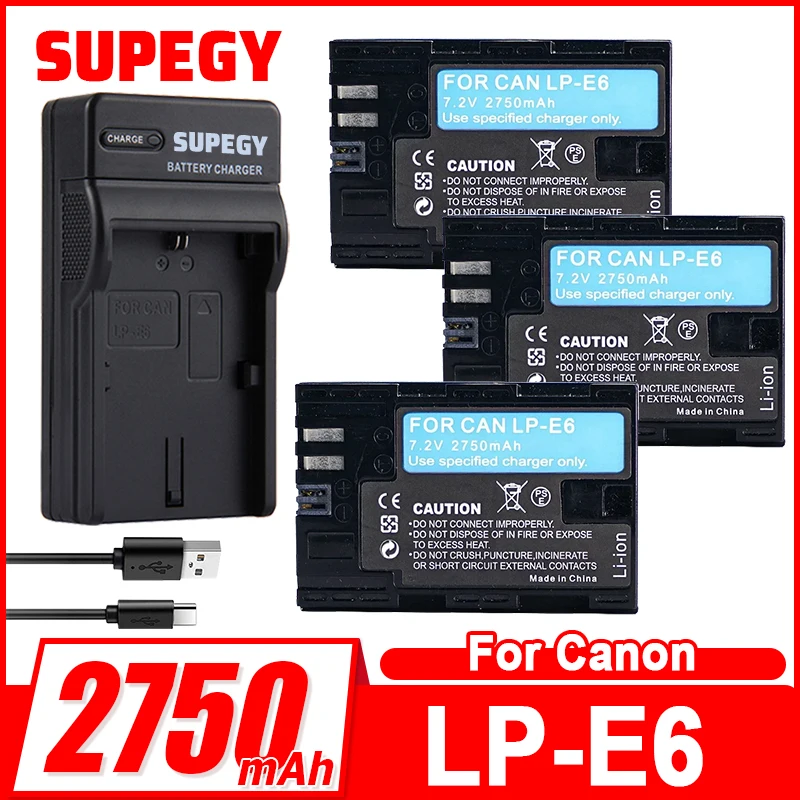 2750mAh LP-E6 LPE6 LP E6 E6N Battery with LED Dual Charger for Canon EOS 5DS R 5D Mark II 5D Mark III 6D 7D 70D 80D Camera