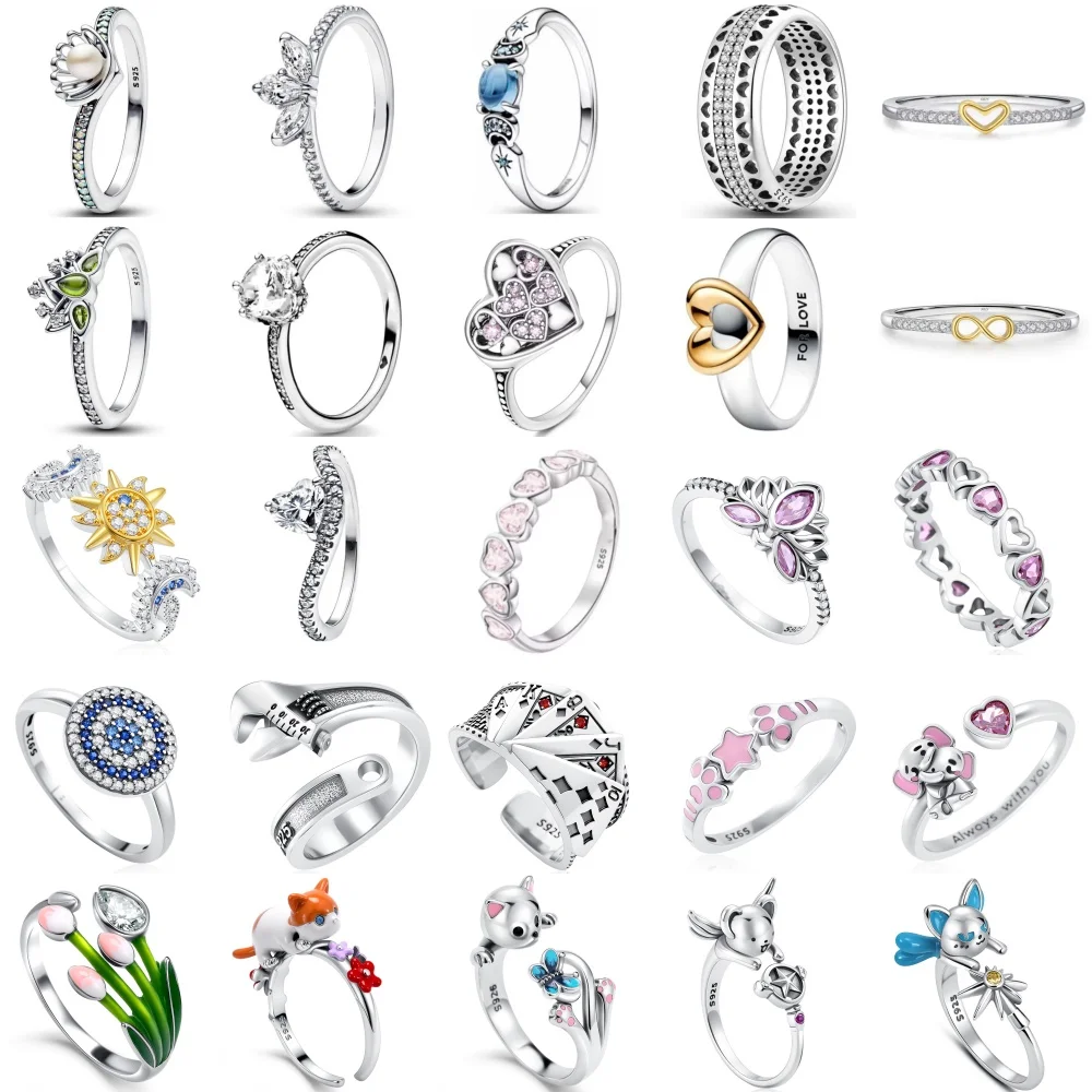 Nuevo plata 925, flores de loto, perlas, llaves, naipes, anillos adecuados para regalos navideños de mujeres europeas, joyería exquisita