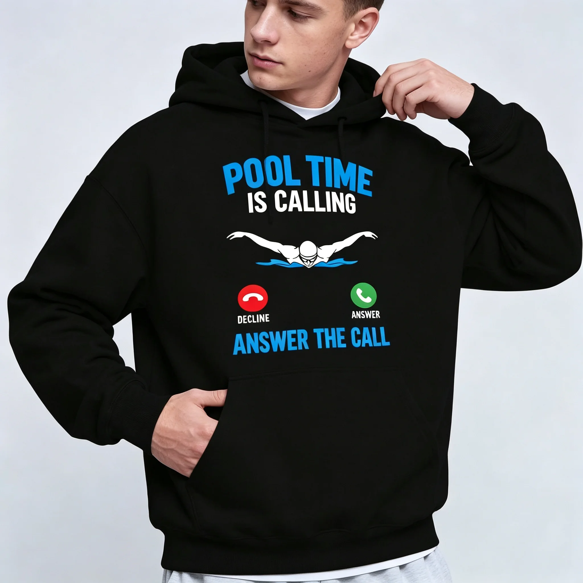 Men’s Pool Time Is Calling Hoodie Answer The Call Swimmer Graphic Print Casual Cotton Pullover Long Sleeve Male Hooded Top Gift