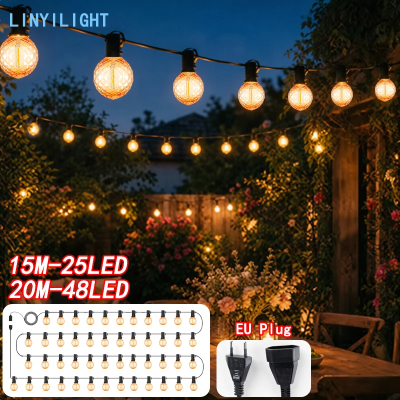 220V Gazebo Lights G40 Ice Diamond String Lights IP44 Waterproof Patio Garland Lamp Shatterproof Bulb Party Decoration Lights