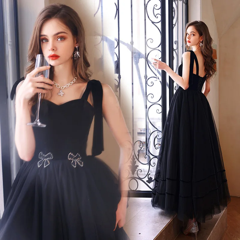 Women Backless Long A-Line Tulle Prom Gown Floor Length robes de soirée Sexy Black Spaghetti Strap Bow Evening Dress