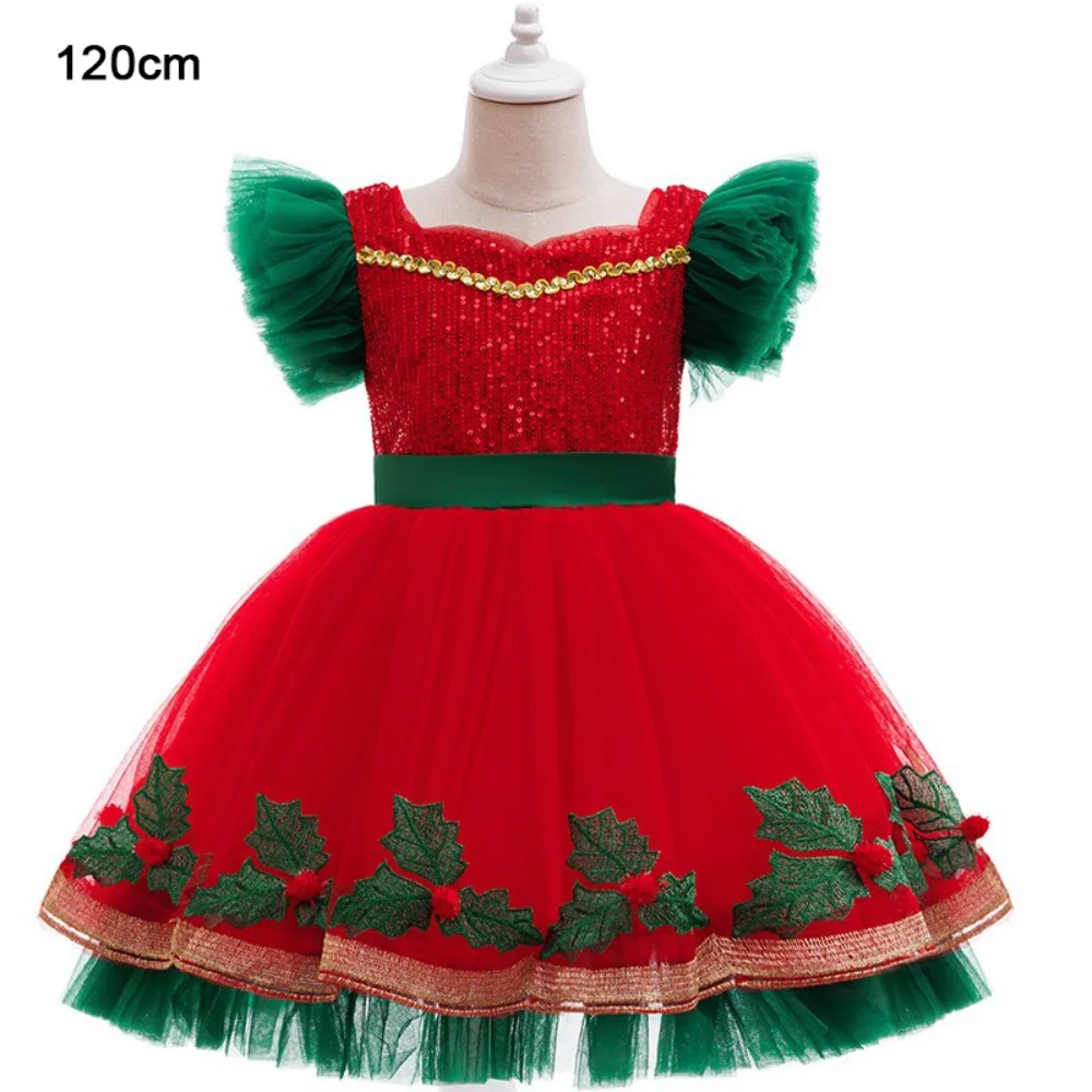 Mesh Puff Skirt Christmas Princess Dress Embroidered Tutu Skirt Short-Sleeved Party Gown Glitter Design Flying Sleeve