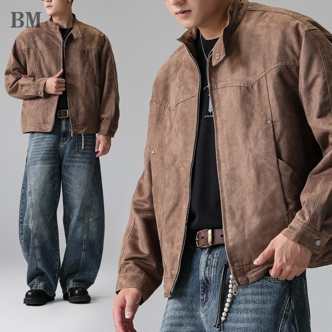 

Mens Premium Suede Harrington Jacket American Vintage Stand Collar Relaxed Fit Spring Autumn Casual Coat Male Brown Trendy