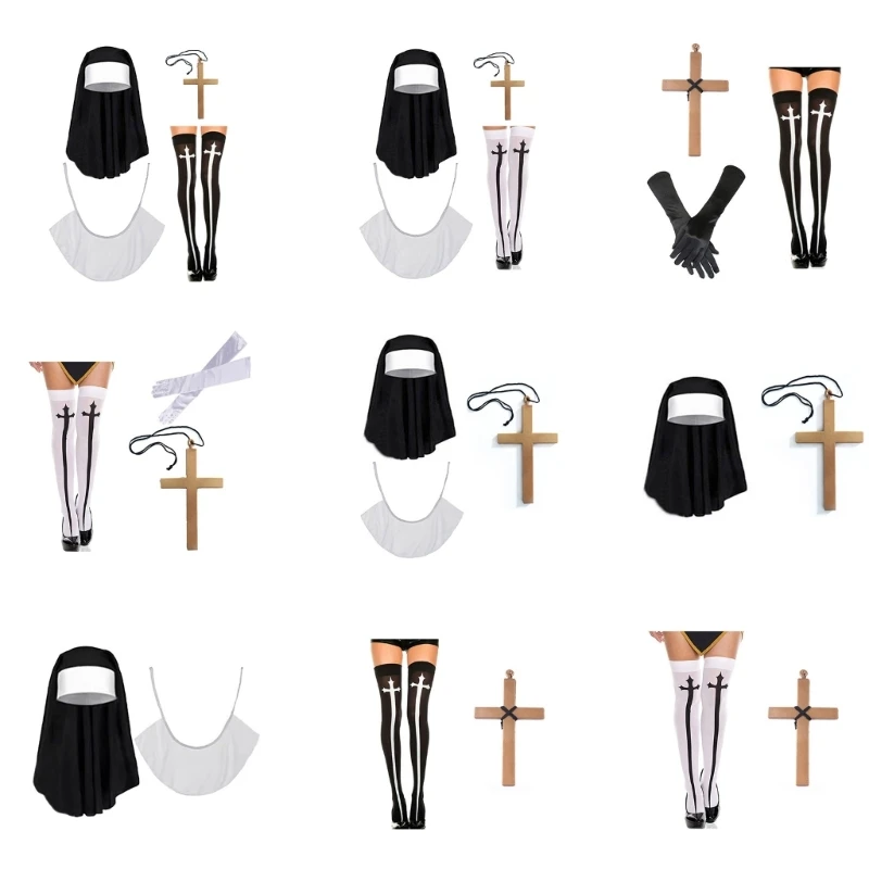 

2/3/4 Halloween Nun Costume Accessories Set Cross Thigh High Socks Nun Hat Cross Pendant Necklace Carnivals Cospay Props