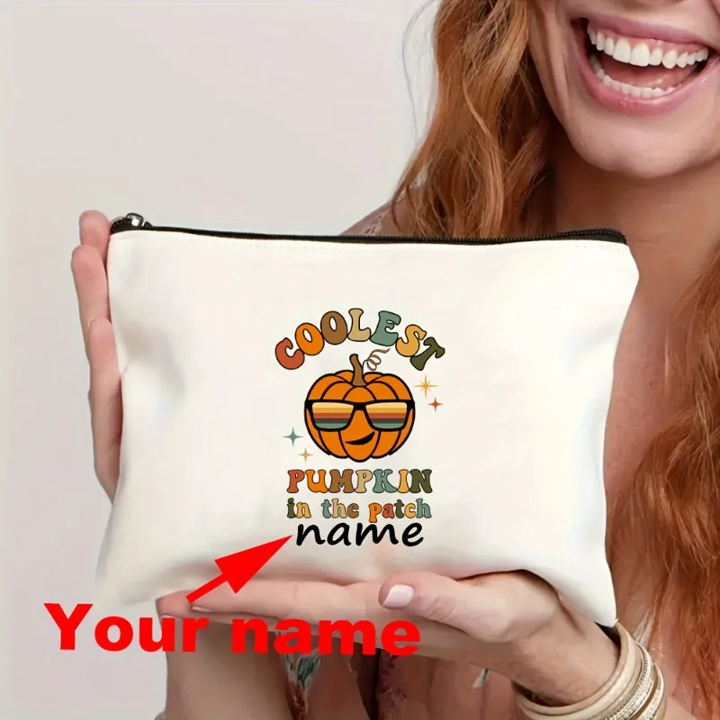Custom Name Coolest Pumpkin In The Patch Zipper Pouch Retro Fall Pumpkin Sunglasses Print Canvas Cosmetic Halloween Storage Bag