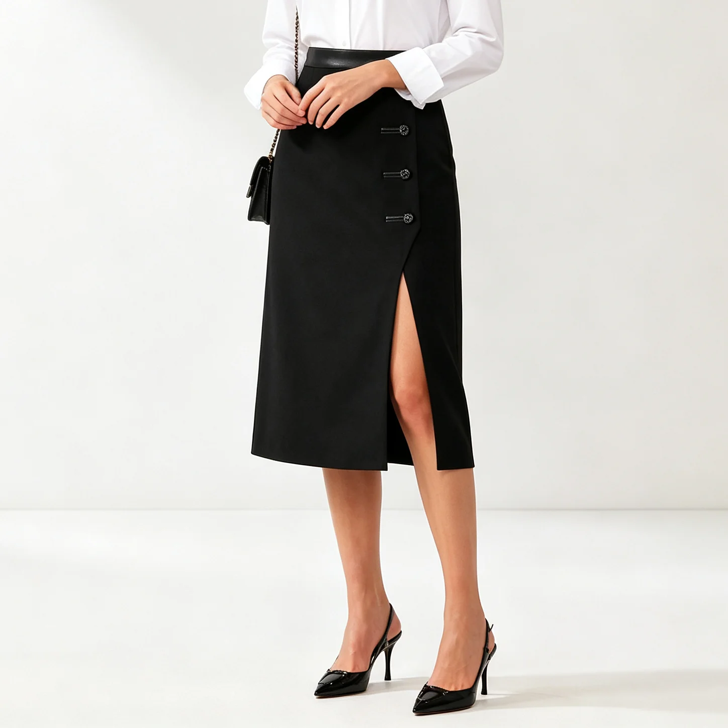 RU 2026 Women Midi Pencil Skirt Decor Button Front Slit Straight Skirt Elegant Office Business Autumn Winter Formal Bottoms