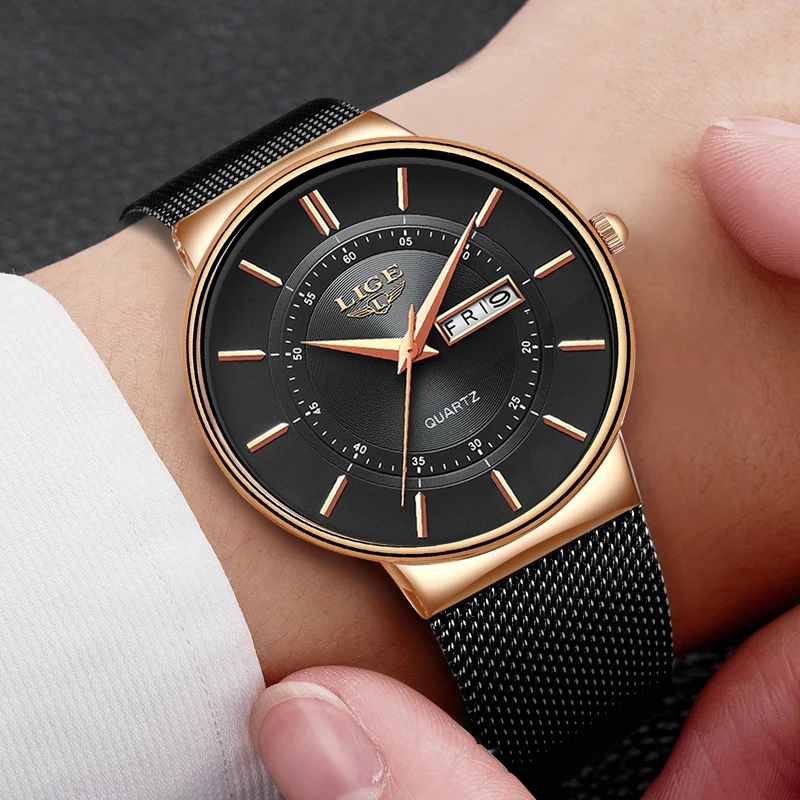 LIGE 2026 رقيقة جدا الفاخرة الرجال الساعات مقاوم للماء تاريخ ساعة الذكور الصلب حزام ساعة كوارتز عادية الرجال الرياضة ساعة معصم رجل