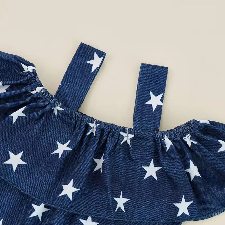 Girls Denim Children Set American Flag Shorts with Cowboy Strap Top Trendy 2Pcs Outfit for Summer Celebrations Independence Day image 4