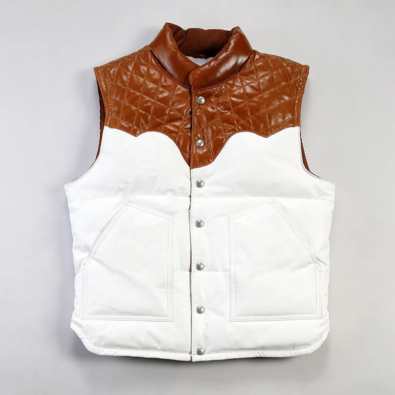 

2024 New Fashion Casual oil Wax Cowhide Down Vest Men's And Women's Winter Warm genuine Leather Patchwork Leather Down Jackets